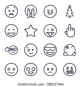 Emotions vector icons. Set of 16 Emotions outline icons such as smiling emot, crazy emot, emoji showing tongue, crying emoji, dancing emoji, middle finger, Christmas tree