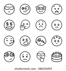 Emotions vector icons. Set of 16 Emotions outline icons such as emoji in mask, sad emot, cool emot in sunglasses, dollar smiley, rolling eyes emoji