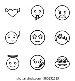 Emotions vector icons. Set of 9 Emotions outline icons such as angry emot, emoji angel, emoji listening music, emo emot, sick emot, heart with wings
