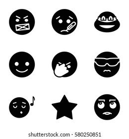Emotions vector icons. Set of 9 Emotions filled icons such as smiling emot, cool emot in sunglasses, emoji listening music, star
