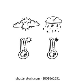 Emotions weather forecast - sunny and rainy weather, thermometer, degrees Celsius. Linear doodle illustration. Vector sketch, isolated on white background.
