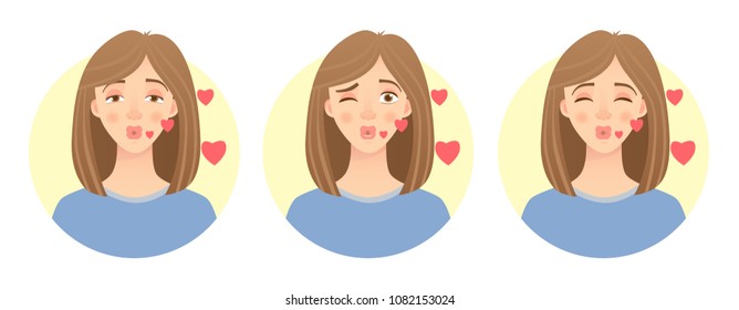 Emotions of woman face. Facial expression. Vector illustration set