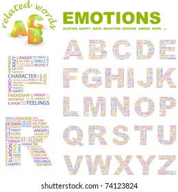 EMOTIONS. Wordcloud alphabet with different association terms.