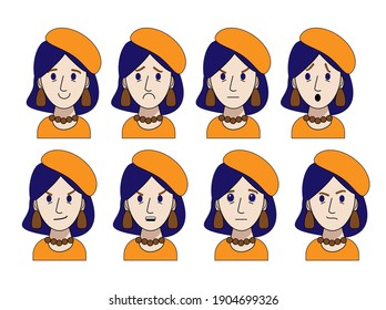 The emotions of a young and beautiful girl in an orange beret are isolated on a white background. Vector illustration in cartoon style. joy, cunning, anger, anger, sadness, surprise, contempt, calm.