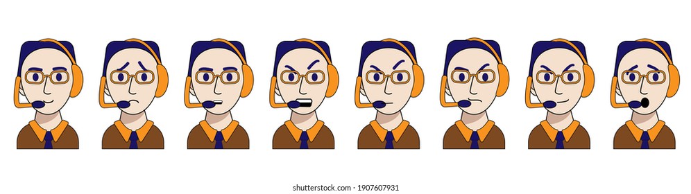 emotions of a young call center operator are isolated on a white background. Vector illustration in cartoon style. joy, cunning, anger, anger, sadness, surprise, contempt, calm. Employee of the help