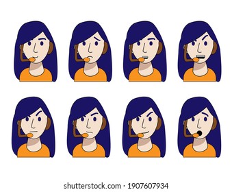 emotions of a young call center operator are isolated on a white background. Vector illustration in cartoon style. joy, cunning, anger, anger, sadness, surprise, contempt, calm. Employee of the help
