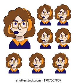 emotions of a young call center operator are isolated on a white background. Vector illustration in cartoon style. joy, cunning, anger, anger, sadness, surprise, contempt, calm. Employee of the help