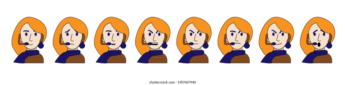 emotions of a young call center operator are isolated on a white background. Vector illustration in cartoon style. joy, cunning, anger, anger, sadness, surprise, contempt, calm. Employee of the help
