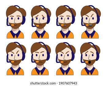 Emotionen eines jungen Call Center Operators sind einzeln auf weißem Hintergrund. Vektorgrafik im Cartoon-Stil. Freude, Gerissenheit, Wut, Wut, Traurigkeit, Überraschung, Verachtung, Ruhe. Mitarbeiter der Hilfe