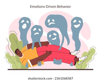 Emotionen-getriebenes Verhalten. Verwirrter schwarzer Charakter, der negative Emotionen ausdrückt. Feelings Reflexion und Kontrolle. Flache Vektorgrafik