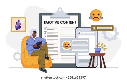 Emotive content creation. Man with smartphone near messages with emoji. Blogger and content creator writes articles. SMM specialist leads account on social networks. Flat vector illustration