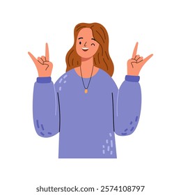 Emotive woman makes rock n roll sign, cool hand gesture and winking girl. Flat cartoon character says I will rock this party, feels self confident. Optimistic lady head gesture, cheerful lady