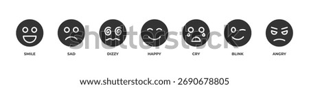 EmotiWorld Icons set vector illustration glyph with Smile, Sad, Dizzy, Happy, Cry, Blink, Angry