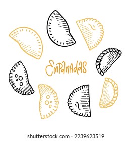 Empanada linear icons set. Outline simple vector of Latin American fried patty or cheburek. Contour isolated different elements on white background