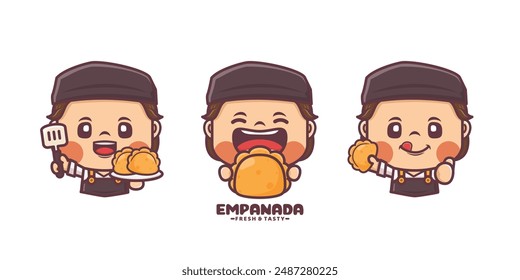 empanada logo mascot, cartoon illustration with different poses and expressions, for culinary business, brand logo, sticker, cartoon identity, sticker, icon, etc.