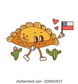 Empanada retro cartoon character with Chile flag. Cute Latin American food mascot. Contour ector illustration isolated on white.