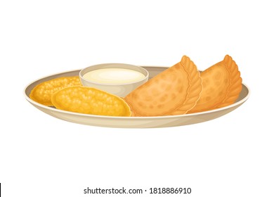 Empanada Stuffed With Meat Served On Plate As Ecuador Dish Vector Illustration