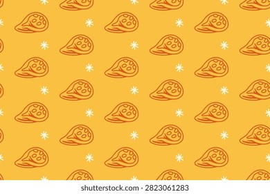 Empanada stuffed pastry engraving seamless pattern on yellow background set for merchandise. Savory turnover baked filled hand drawn repeating pattern background