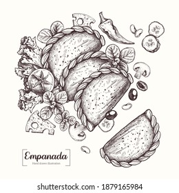 Empanada. Vector Hand Drawn. Sketch Botanical Illustration. Fried pies, national food. Eco healthy food. Chili, tomato, beans, cucumber, salad