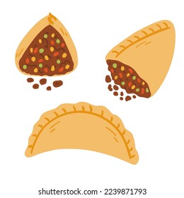 Empanadas in cartoon flat style. Hand drawn vector illustration of traditional Latino America food, folk cuisine