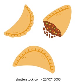 Empanadas in cartoon flat style. Hand drawn vector illustration of traditional Latino America food, folk cuisine