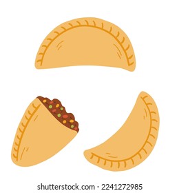 Empanadas in cartoon flat style. Hand drawn vector illustration of traditional Latino America food, folk cuisine