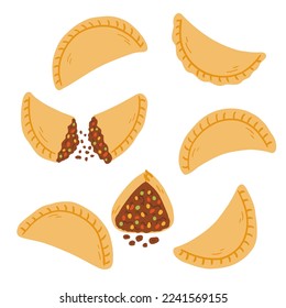 Empanadas in cartoon flat style. Hand drawn vector illustration of traditional Latino America food, folk cuisine