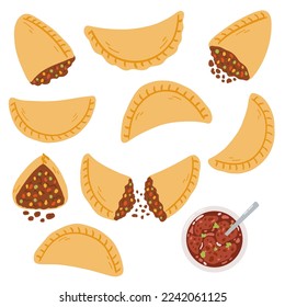 Empanadas in cartoon flat style. Hand drawn vector illustration of traditional Latino America food, folk cuisine.