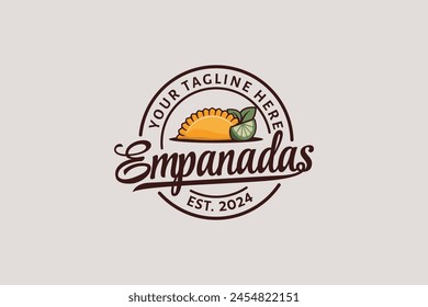 Logotipo de empanadas con una combinación de empanada, cal, hojas, y letras hermosas para restaurantes, food trucks, cafés, etc. Logotipo de emblema Empanadas.