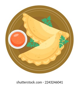 Empanadas patties with stuffing and sauce. Latin American dish. Vector illustration