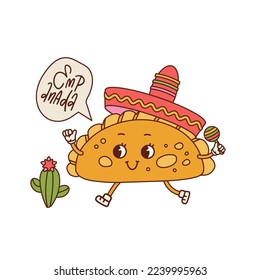 Empanadas retro cartoon mascot in sombrero hat. Food character vector illustration isolated on a white background