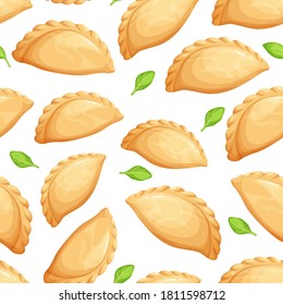 Empanadas seamless pattern. Fried pie background vector. Typical Latino America and spanish fast food. Empanada in cartoon style illustration for cafe fast food design.