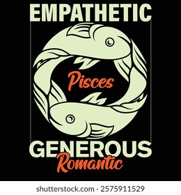 Empathetic and generous Pisces zodiac design with fish graphic on dark background.