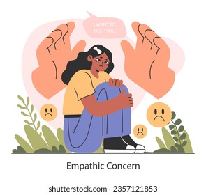 Empathic concern. Deep understanding of emotions, sympathy and compassion. Emotional support or comfort of sad, distressed character, friendship connection. Flat vector illustration