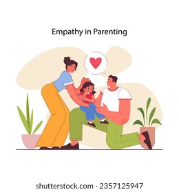 Empathic parenting. Secure attachment style in parents and kid relationship. Parental emotional responsiveness and closeness. Parents comforting a child. Flat vector illustration