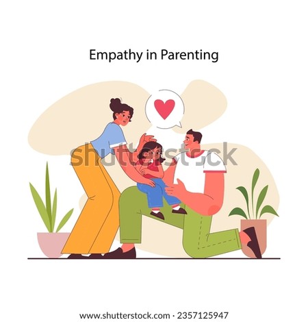 Empathic parenting. Secure attachment style in parents and kid relationship. Parental emotional responsiveness and closeness. Parents comforting a child. Flat vector illustration
