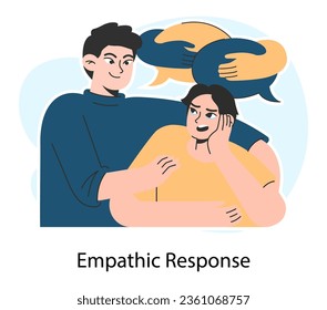 Empathic response. Deep understanding of emotions, sympathy and compassion. Emotional support or comfort of sad, distressed character, friendship connection. Flat vector illustration