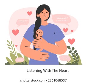 Empathy. Active listening with the heart. Deep understanding of emotions, sympathy and compassion. Emotional support or comfort, friendship connection. Flat vector illustration