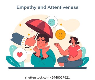 Empathy and attentiveness concept. A warm vector illustration that encapsulates supportive gestures and the importance of emotional understanding. A narrative of compassion in action. Vector.