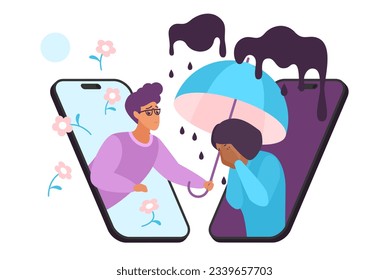 Empathy, care and online help of friend or psychology or psychotherapy counselor vector illustration. Cartoon isolated mobile phones with man holding umbrella over sad crying woman in depression