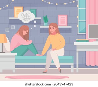 Caracteres de empatía composición de caricaturas con el interior del hogar y el carácter de la chica en peligro con ayuda de la ilustración portadora de amigos