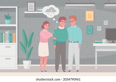 Empathy Characters Cartoon Composition With Interior Of Office Room And Coworkers Supporting Colleague In Mental Distress Vector Illustration