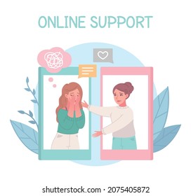 Empathy characters cartoon composition with text and images of smartphones with emotion bubbles and hugging girls vector illustration