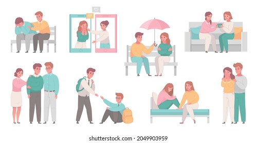 Empathy characters cartoon set with isolated compositions of people helping each other in tough life situations vector illustration