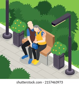 Empathy characters isometric background with people hugging on the bench vector illustration