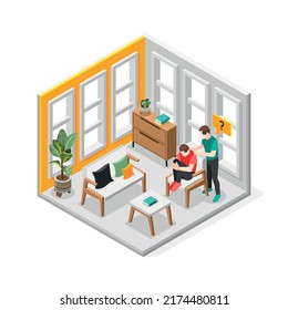 Empathy characters isometric composition with ma in grief vector illustration