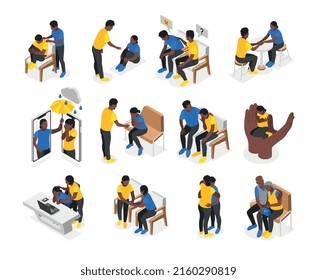 Empathy characters isometric icons set with people in emotional situations isolated vector illustration