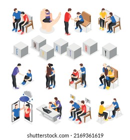 Empathy characters isometric icons set with people consoling sad friends isolated vector illustration