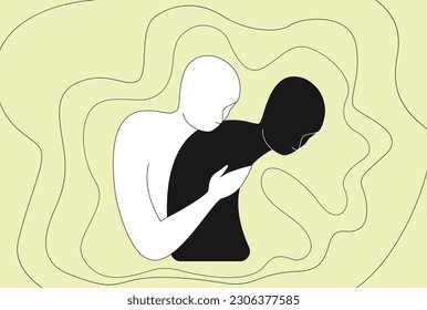 Empathy, comforting and compassion, illustration. White human figure hugging black one on pale yellow background