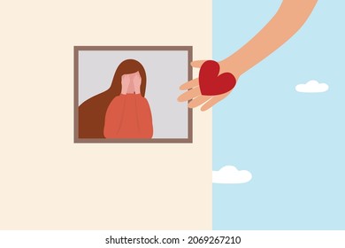 Empathy and compassion bring positive emotion from people suffer depression, calm anxiety and stress, and improve mental health and grief, hand offer heart or help to sad and unhappy woman at window.